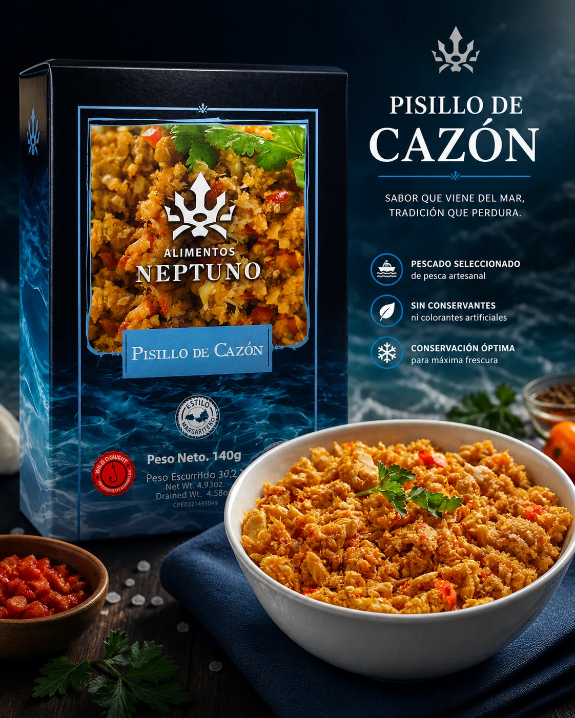 Pisillo de cazón Alimentos Neptuno presentado en formato premium